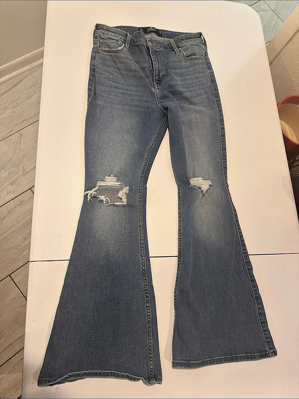 Hollister High-Rise Ripped Flare Jeans Blue